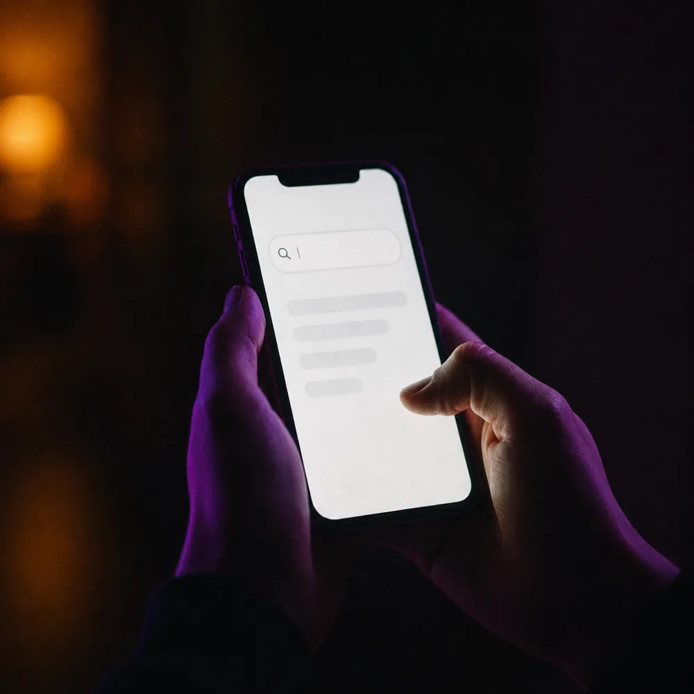 Hands holding a phone in the dark, its screen showing an empty search field above a short list of suggestions.