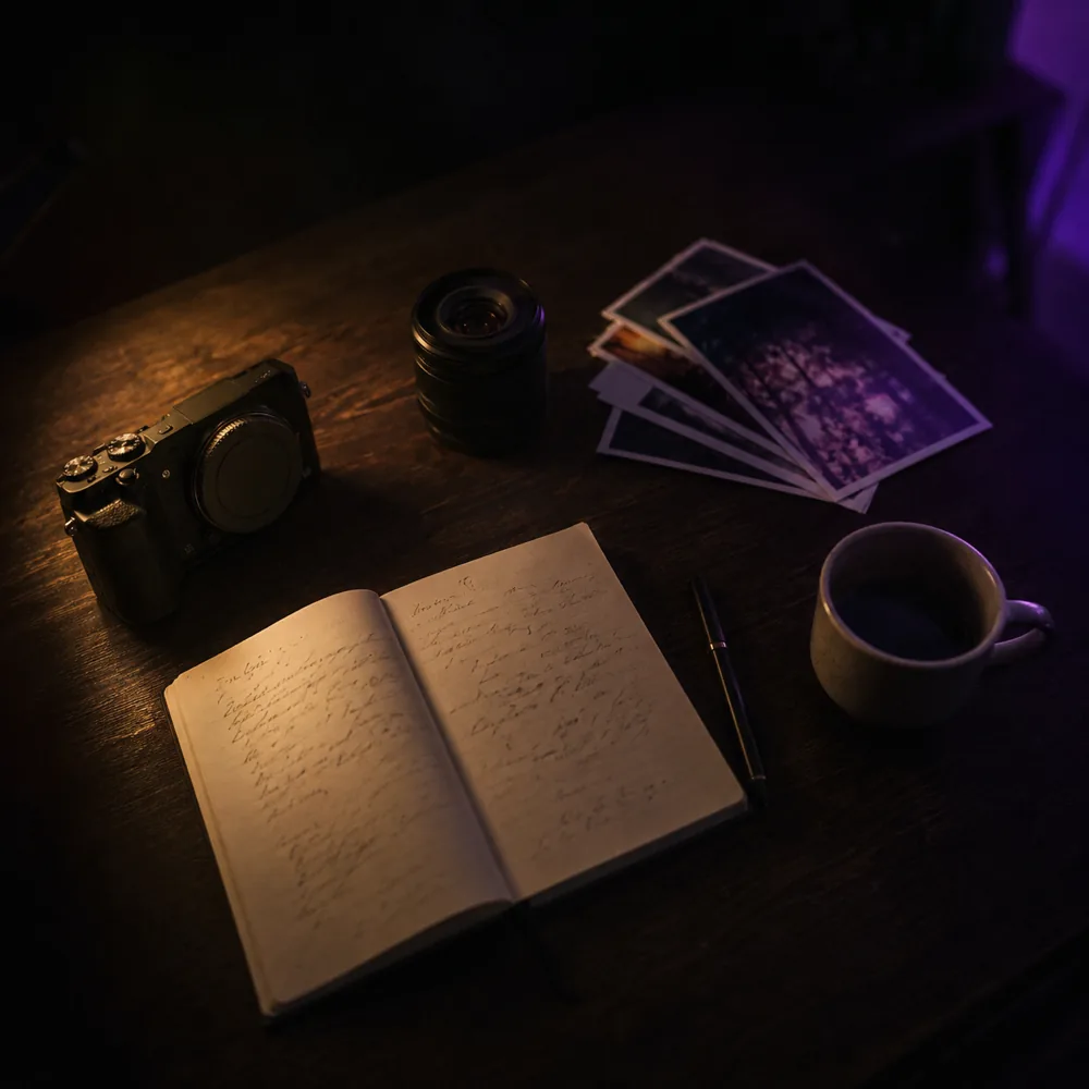 An overhead view of a dark desk under one lamp: a camera body, a lens, a fan of printed photographs, an open notebook and a coffee cup.