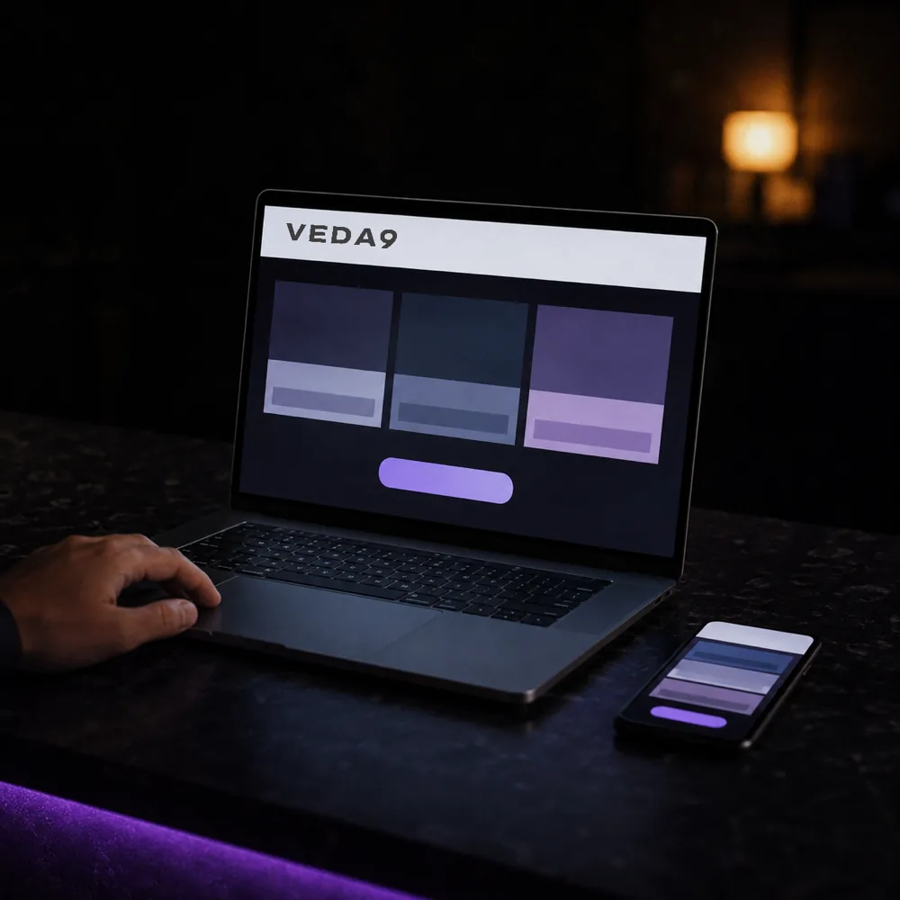 A laptop and a phone on a dark counter showing the same page layout, the VEDA9 wordmark sitting in the site header.