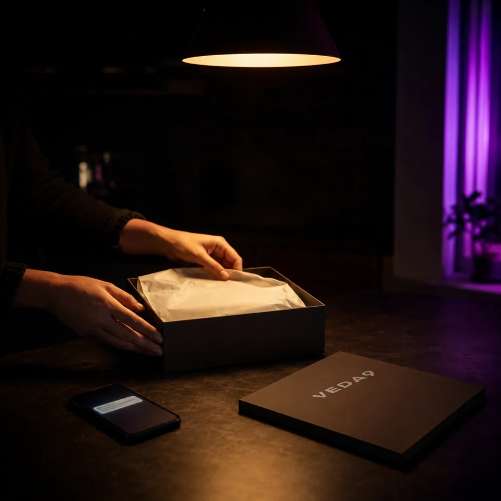 Hands opening a parcel at a dark kitchen table, its lid set down beside it carrying the VEDA9 wordmark.