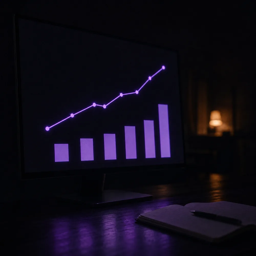 A monitor in a dark room showing a rising violet line graph above a row of climbing bars.