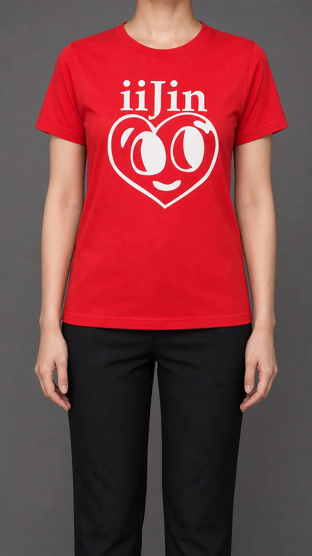 Mid-body framing of the red iiJin tee, the white chest print centred and legible: the iiJin wordmark above an outlined heart containing two large eyes and a curved smile.
