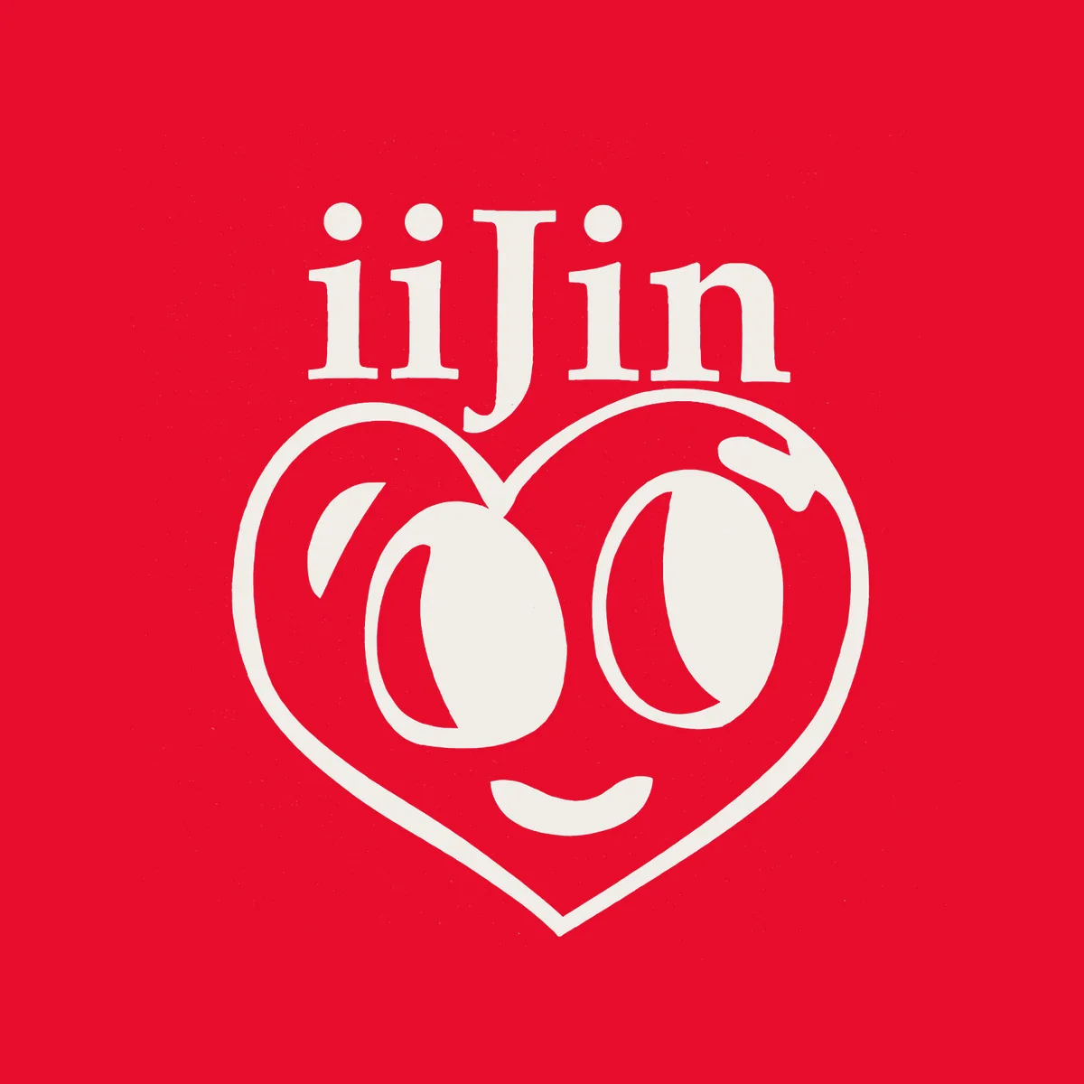 The iiJin chest print laid on a flat red field the colour of the shirt: the iiJin wordmark above an outlined heart holding two large eyes and a curved smile, in off-white.