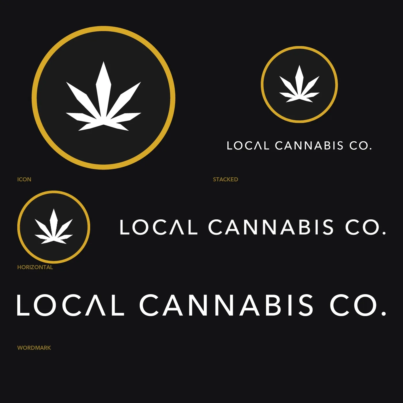 The logo system in four formats: icon, stacked lockup, horizontal lockup and wordmark.