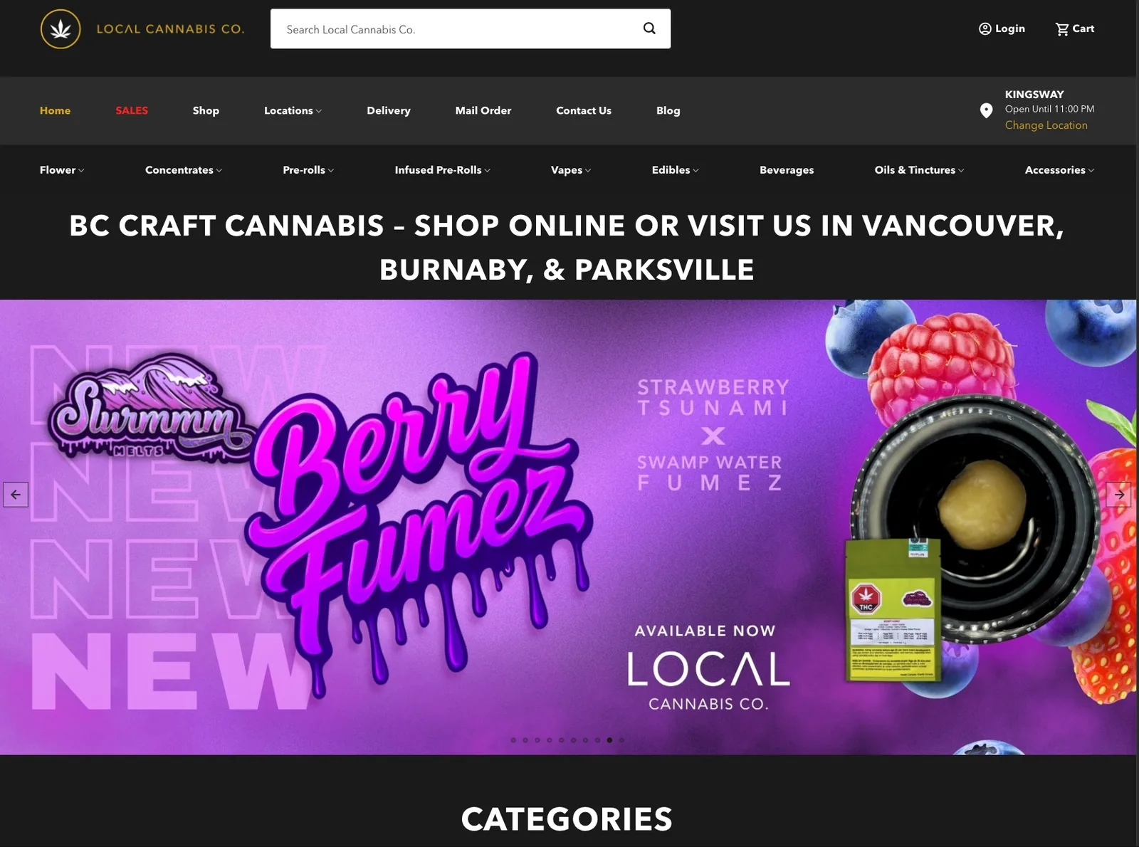 The retailer's online store: a campaign hero above the full product navigation, serving three retail locations plus delivery and mail order.