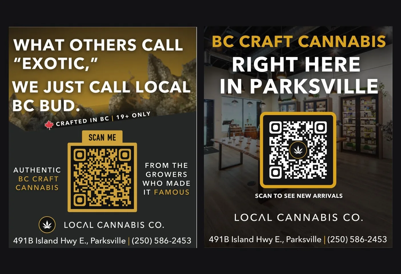 Two print placements: the BC Ferries onboard pamphlet ad and a tower ad on the Nanaimo coast map, both carrying scannable QR codes.