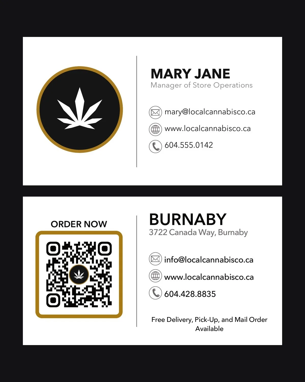 Two cards from a single template: a staff card and a store card carrying an order QR code.