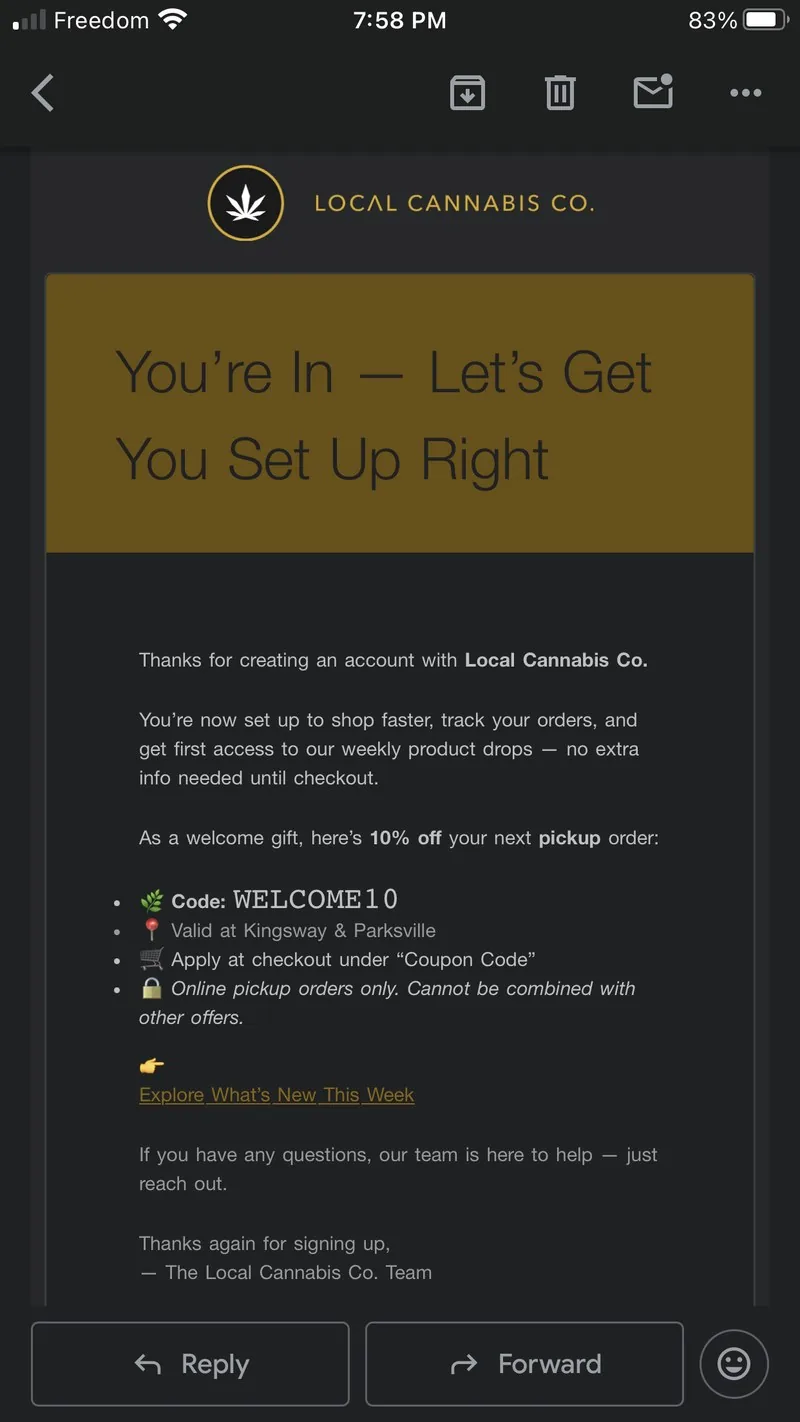 The welcome email rendered on a phone. The account had no automation before this; every flow, template and segment was built in-house in Klaviyo.