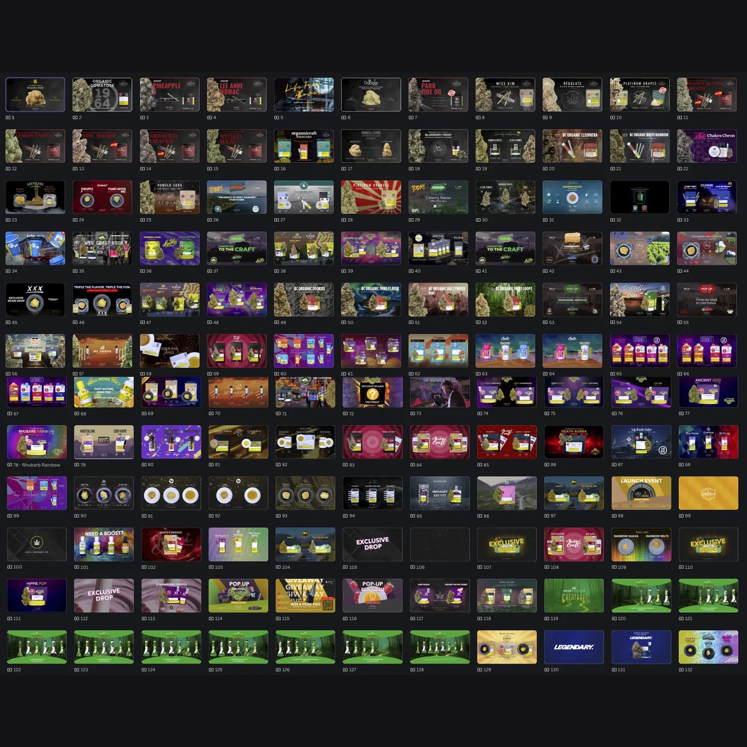 The full in-store display library as a numbered grid of 132 designed screens.