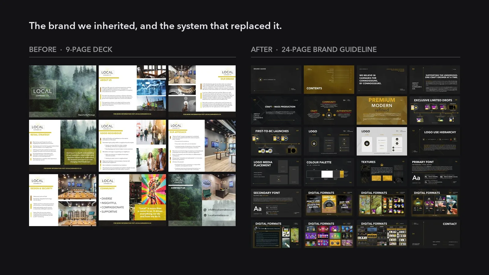 The inherited nine-page opportunity package beside the twenty-four page brand guideline that replaced it.
