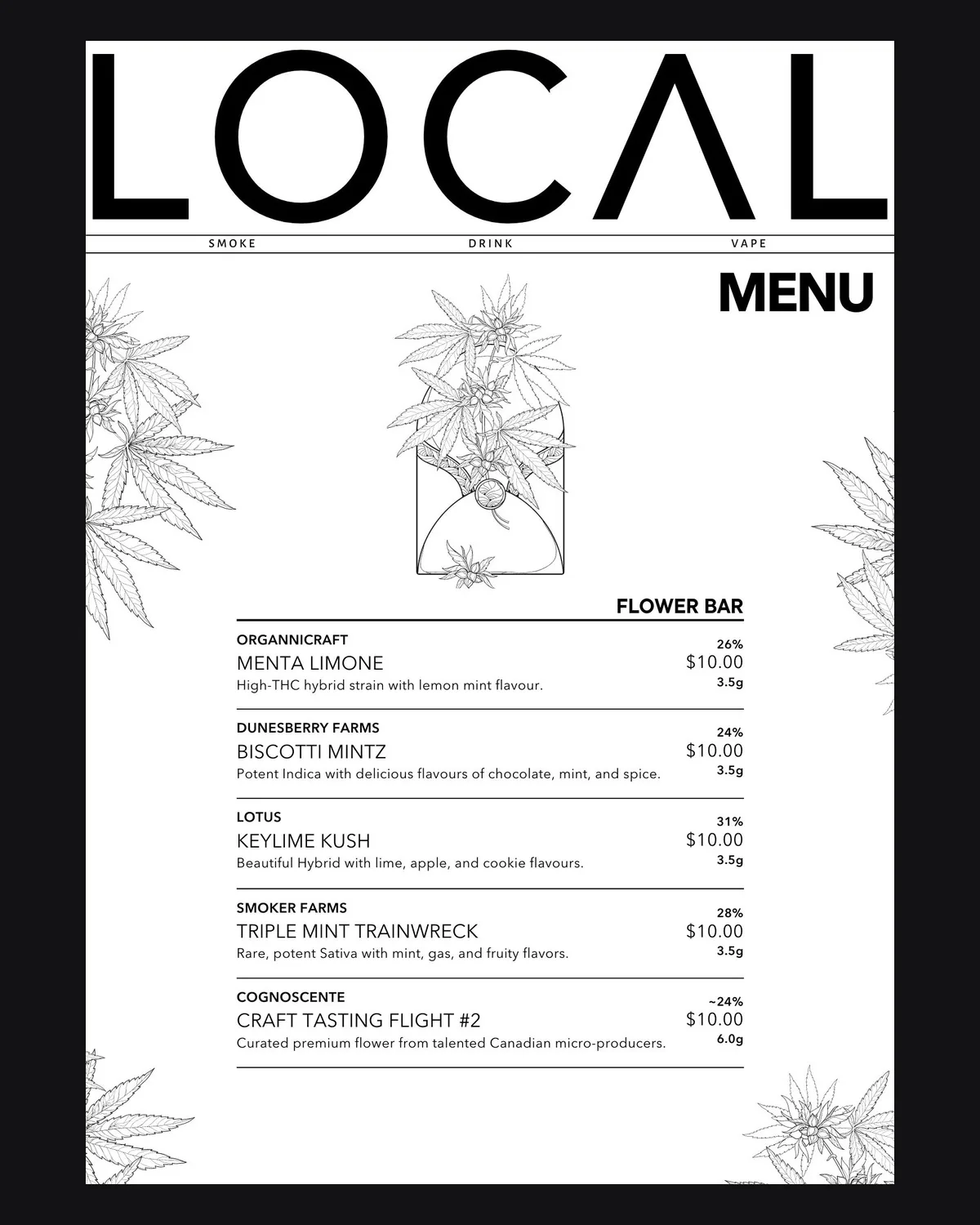 The in-store paper menu: a hand-drawn cannabis line-art border around a categorised flower bar list with producer, strain, potency, weight and price.