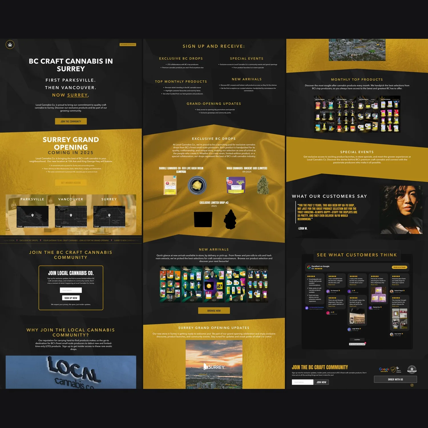 The grand-opening landing page shown in three columns: hero, opening announcement, three location maps and an email capture form.