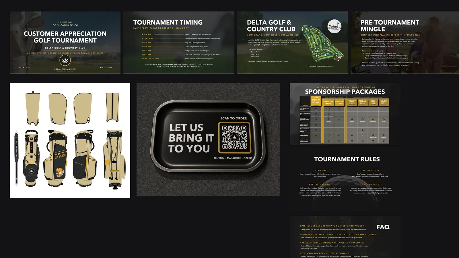 The customer appreciation golf tournament: sponsorship deck pages, a branded golf bag technical flat and a custom rolling tray.