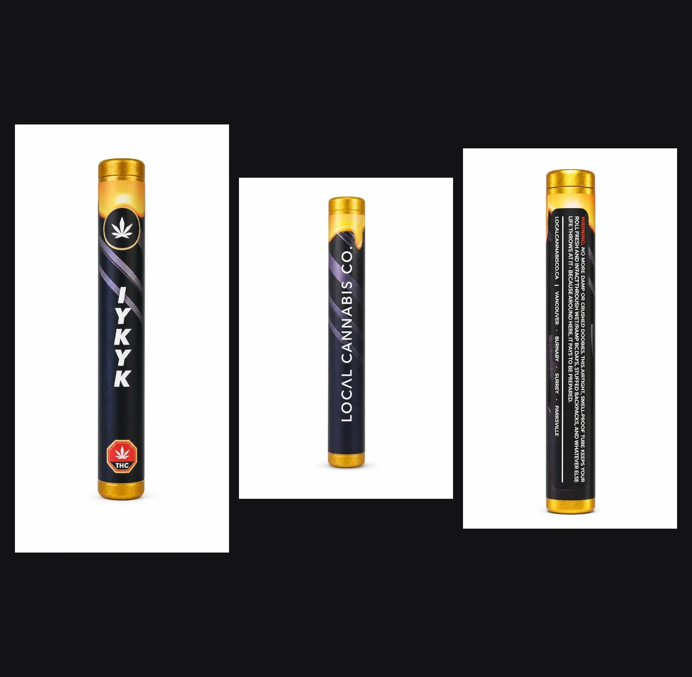 Three faces of a pre-roll tube design: front, side and back, printed on a moisture-resistant wrap.