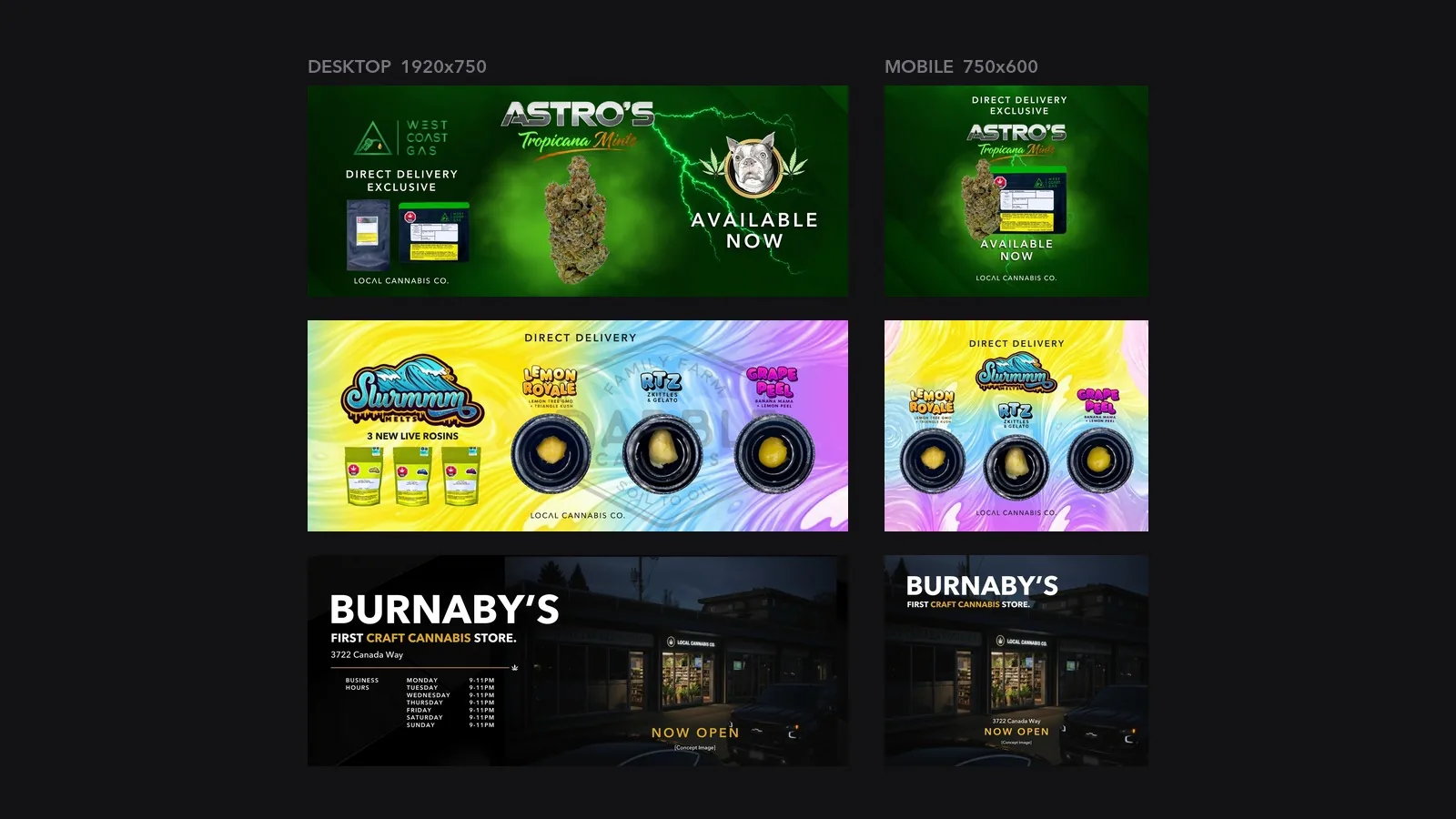 Three campaigns shown as matched pairs: a desktop banner beside its mobile version.