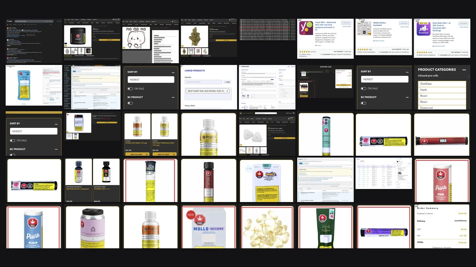 A grid of logged website bugs: product pages, category filters, sort controls, plugin screens and cart states, each captured, ticketed and resolved.