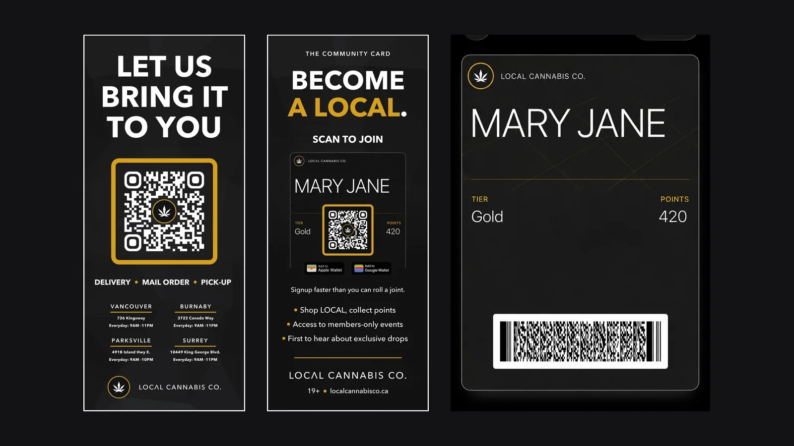 Two pull-down event banners beside the loyalty card as it appears in a phone wallet, showing tier and points.