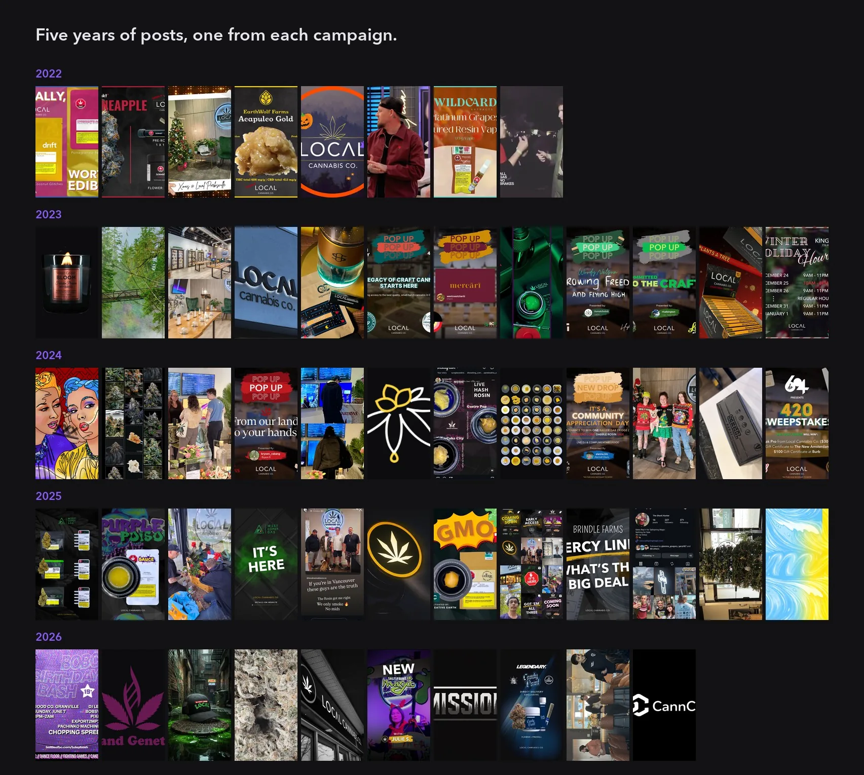 A grid of published social creative, one frame from each campaign in chronological order, including reels shot, directed, edited and posted.