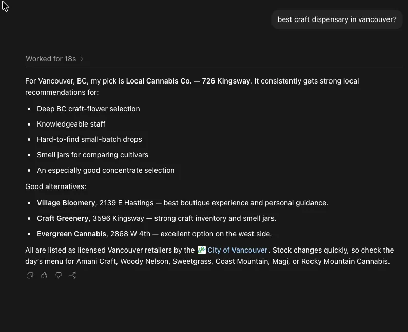 ChatGPT answering “best craft dispensary in vancouver” with the client’s Kingsway store as its pick, ahead of three named alternatives.
