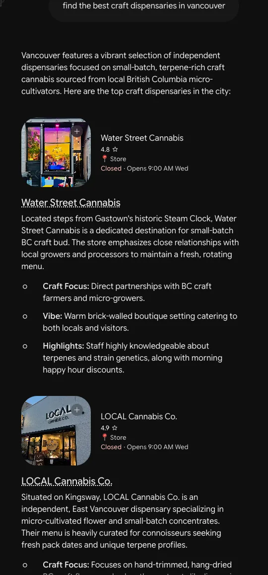 Gemini answering a request for the best craft dispensaries in Vancouver, listing the client among its top picks with a 4.9 rating.