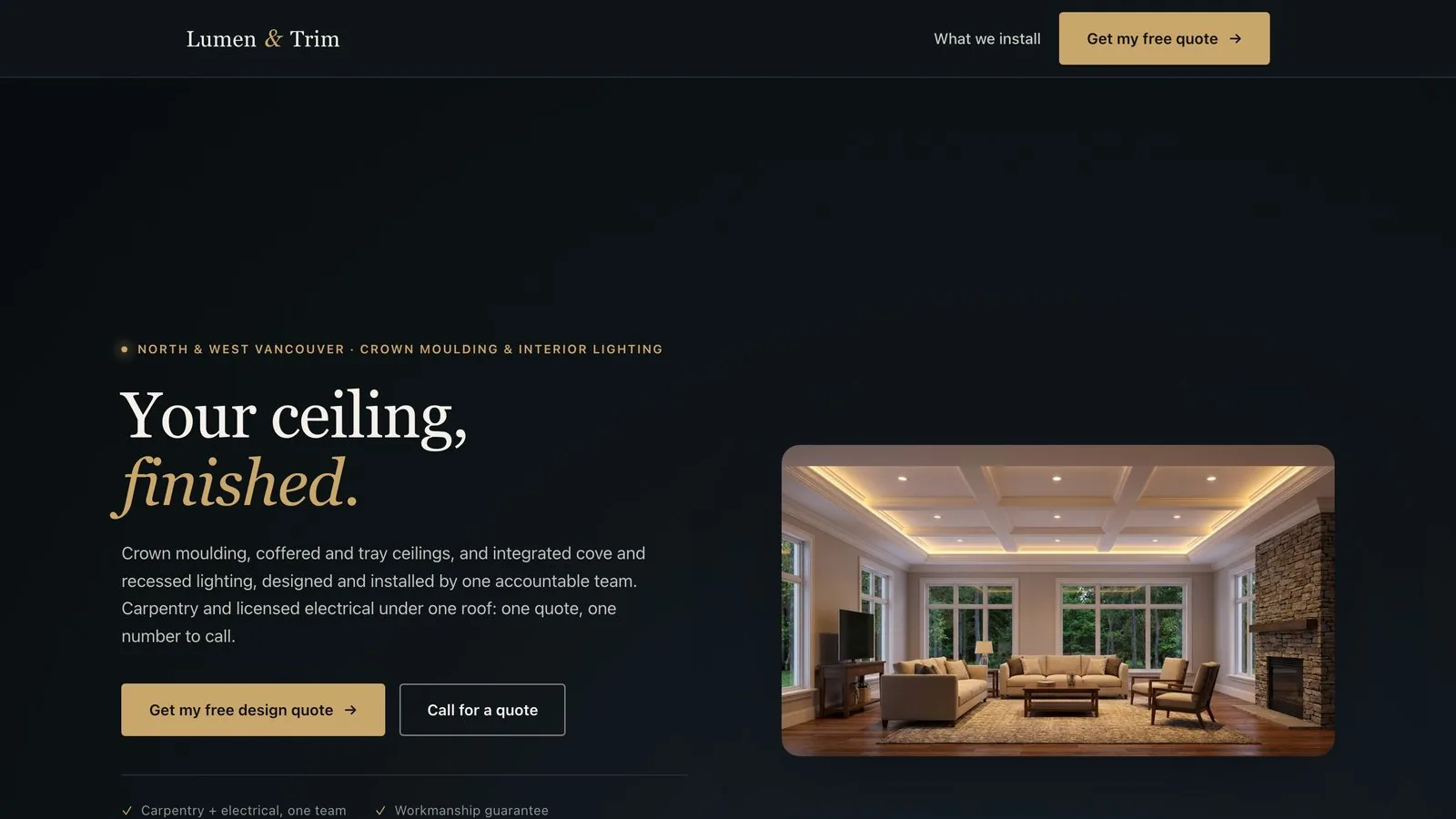 Homepage built for a crown moulding and interior lighting specialist.