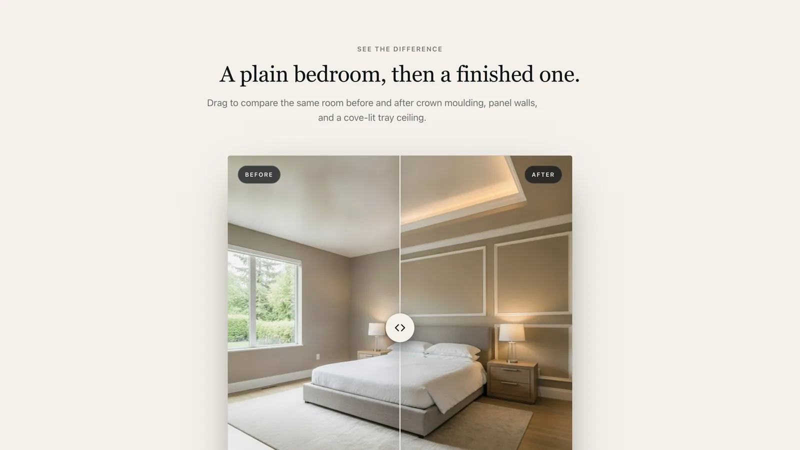 A before-and-after comparison of the same bedroom, split down the middle: flat drywall on one side, crown moulding, panelled walls and a cove-lit tray ceiling on the other.