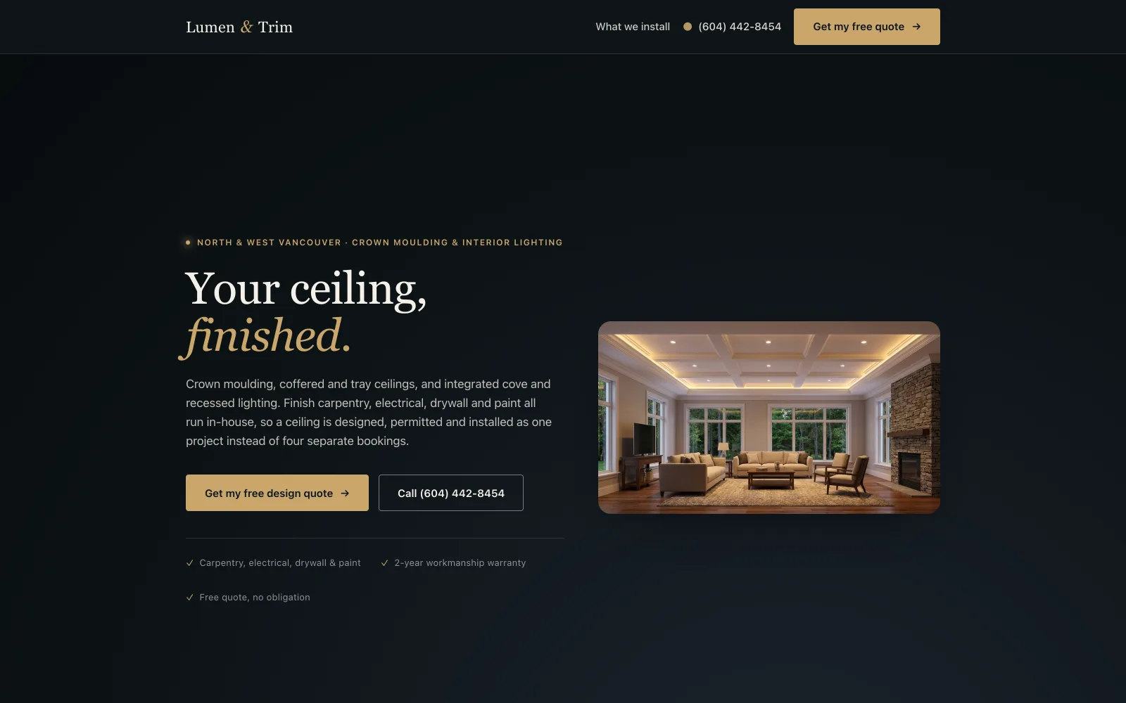 The Lumen and Trim homepage: a near-black page with a serif headline reading Your ceiling, finished, and a photograph of a coffered ceiling with integrated cove lighting.