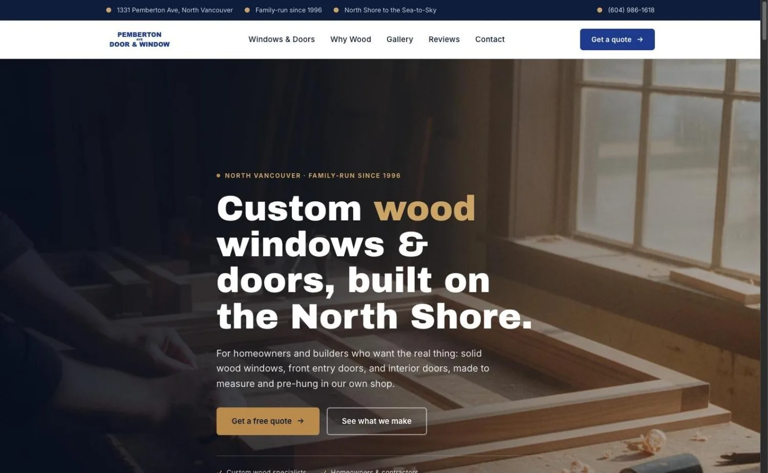 Homepage built for a North Shore door and window company, quote path in view.