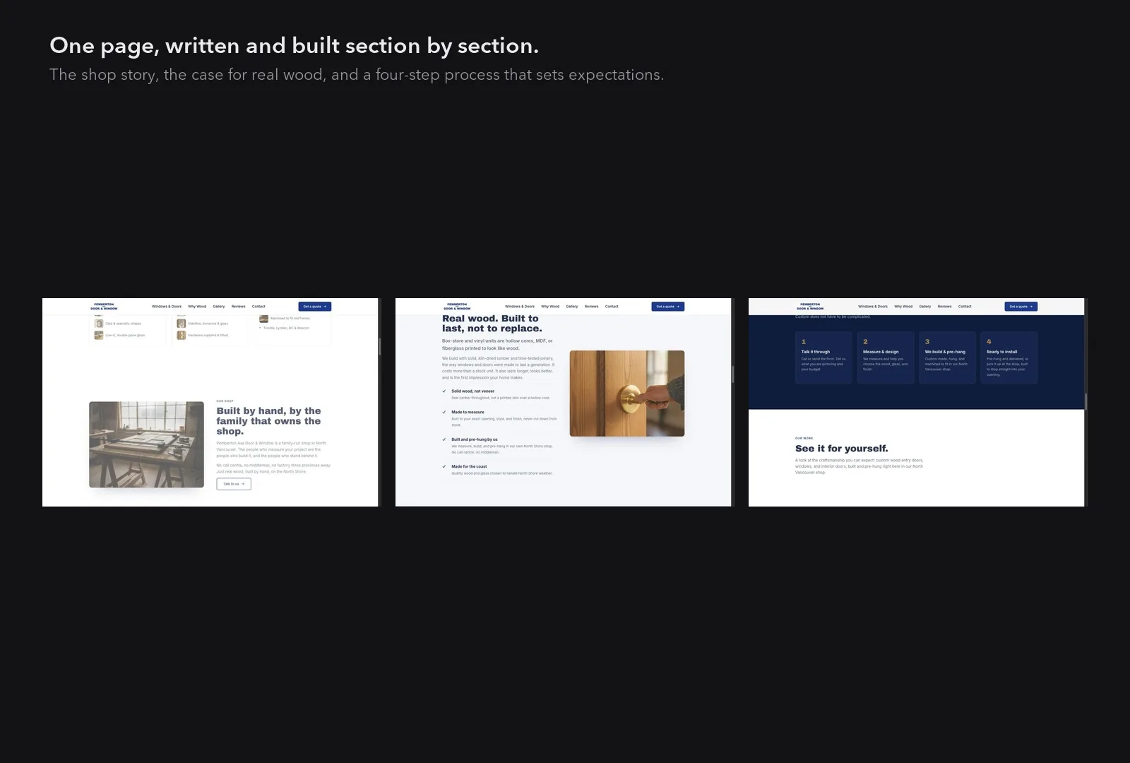 Three sections of the site: the family shop story, the case for solid wood over vinyl, and a four-step process from first call to installation.