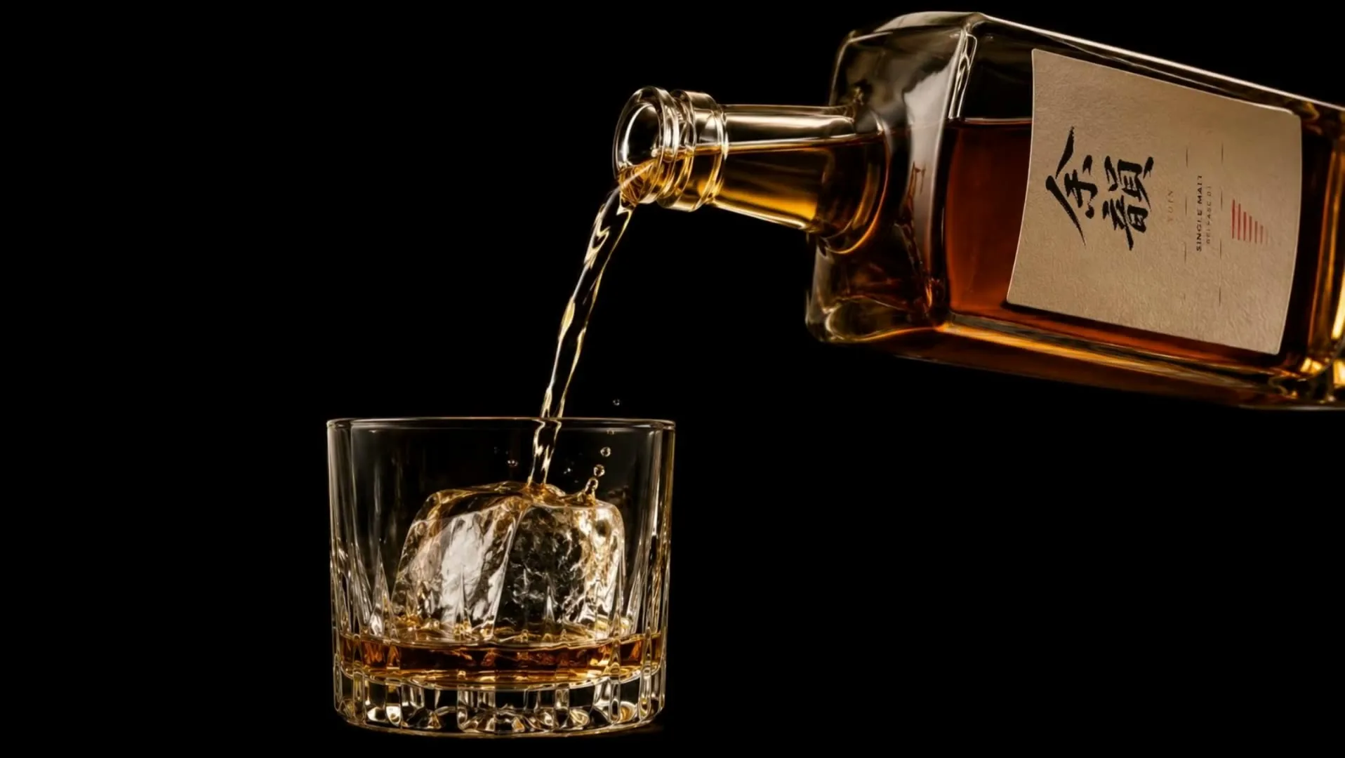 A tipped bottle pouring a single stream of amber whisky into a cut-crystal rocks glass holding one large ice cube, the label showing the brush-painted 余韻 mark.