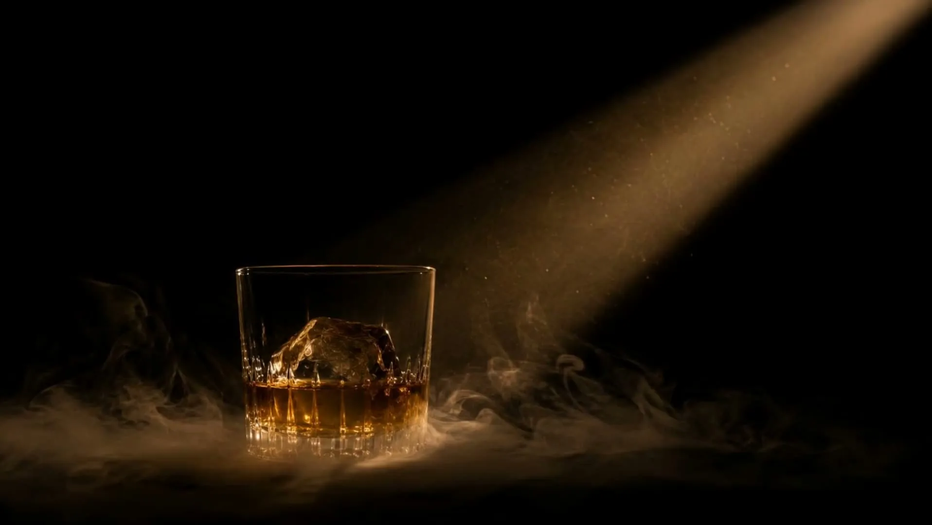 The same glass further back and smaller, standing in low smoke with a hard diagonal shaft of light falling across the black background.