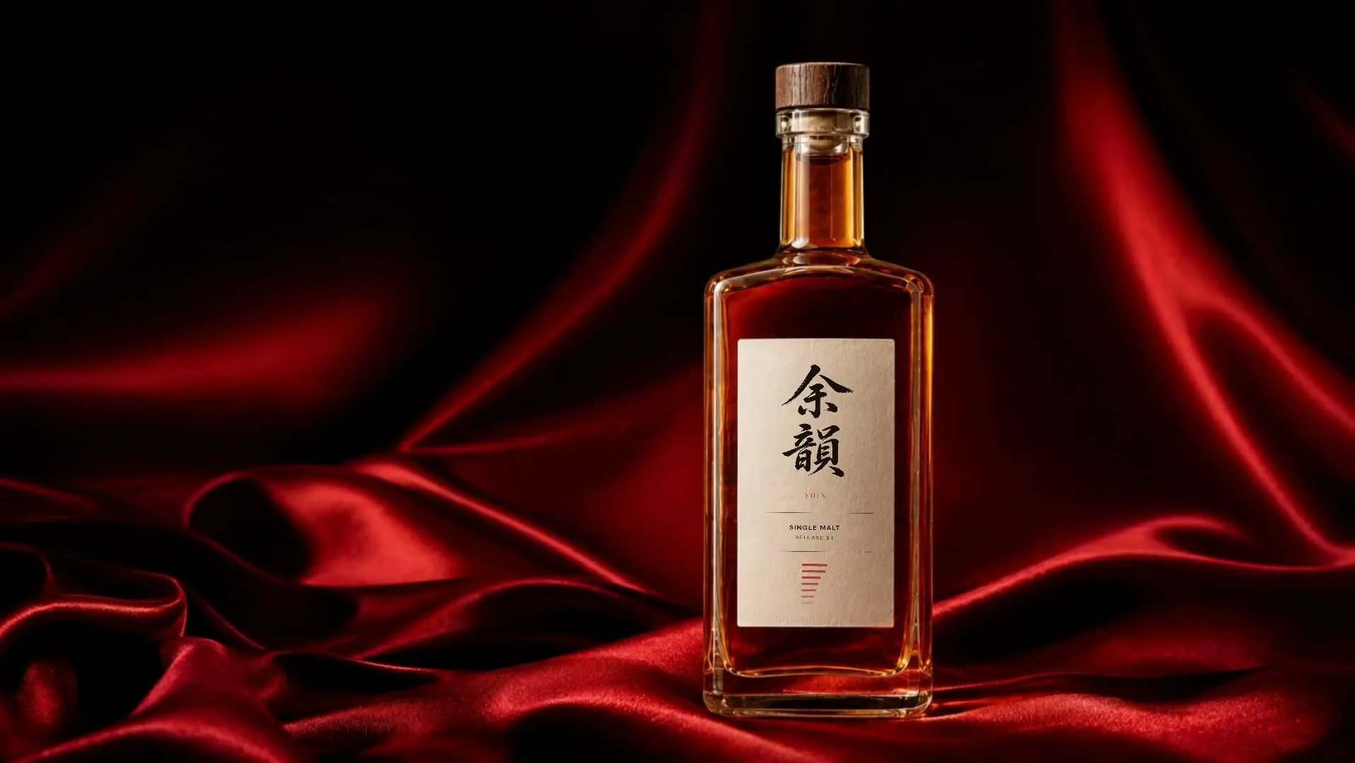 The full bottle standing on deep red silk, the cream label legible: brush-painted 余韻 above the name, single malt and release lines, and seven vermilion bars.