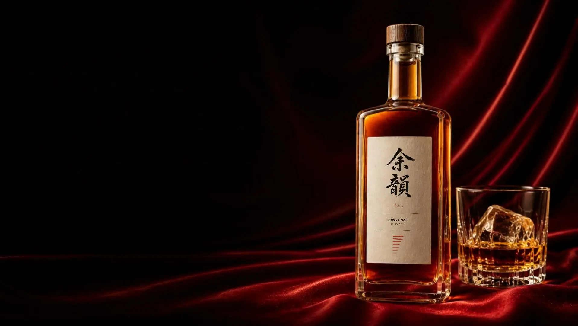 Closing frame of a scroll-driven product page: a whisky bottle on red silk beside a filled glass.