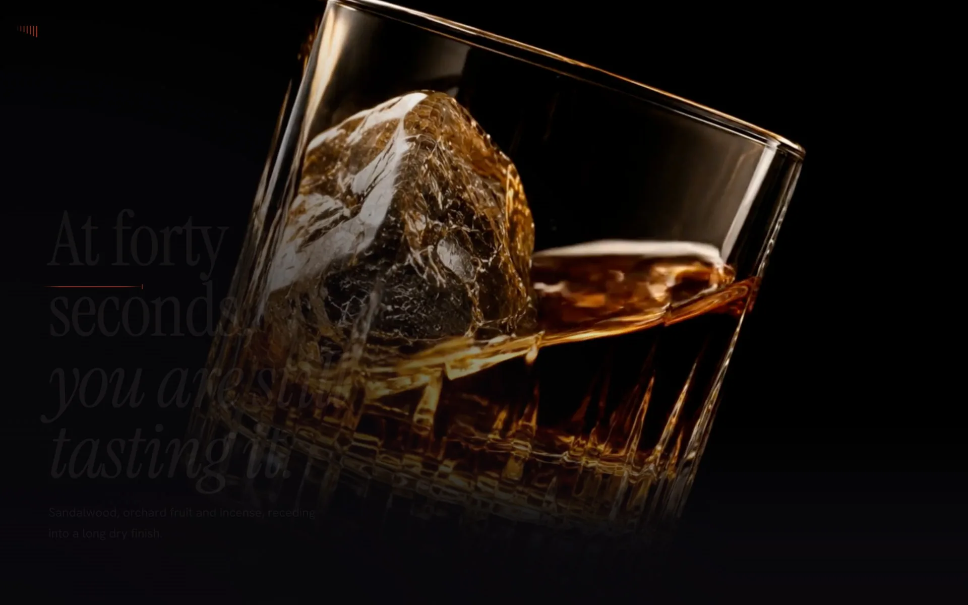 The swirl leg full bleed, with a large serif line reading over it about the finish still being tasted at forty seconds.