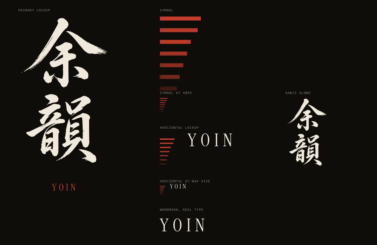 A brand sheet on near-black showing the primary lockup, the seven-bar symbol at large size and at nav size, the horizontal lockup, and the name set in serif capitals.