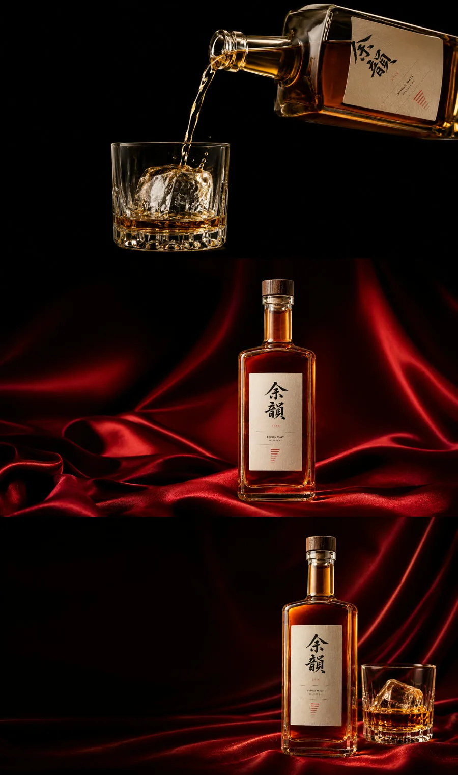 Three frames stacked: the pour, the bottle on red silk, and the closing hero, each carrying the same cream label with the same brush-painted mark.